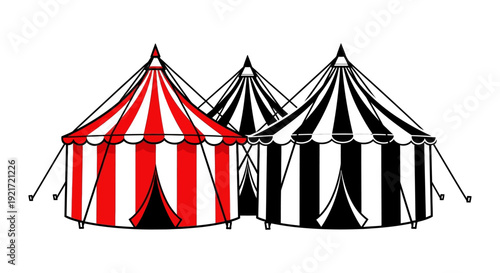 Two circus tents one red and white striped the other black and white are depicted side by side