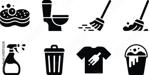 Household cleaning icon set, cleaning supplies silhouettes, mop and broom, toilet and sponge symbols, spray bottle, trash bin, laundry stain removal, janitorial toolkit