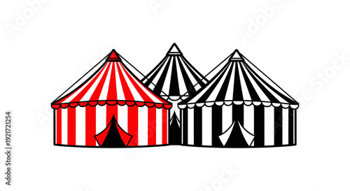 Illustration of three circus tents one red and white striped two black and white striped