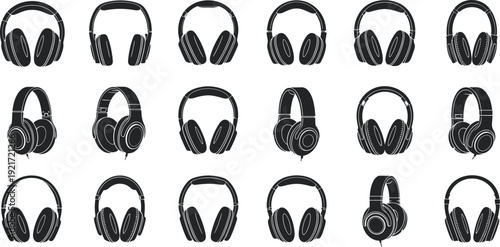 Headphones silhouette set, various types of wireless and wired over ear headsets, music equipment collection, audio accessory for listening, technology.