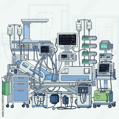Intensive Care Unit Medical Equipment Cluster: Hospital Bed, Monitors, IV Drips, Ventilator