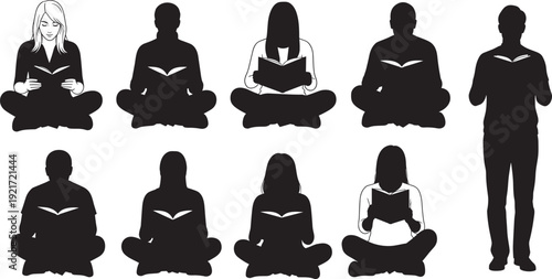People reading books silhouette set, man and woman in various sitting and lying poses, education concept, literary study, relaxation, storytelling.