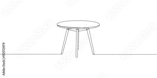 Continuous one line drawing of a round wooden table with legs, depicting simplicity and functionality, line art style illustration.