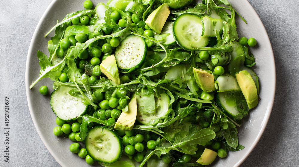 Obraz premium A fresh green salad with peas cucumbers and avocado on a plate