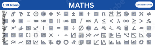 100 Professional Maths and Data Visualization Icons: Mathematical Symbols, Geometry, and Business Chart Outlines