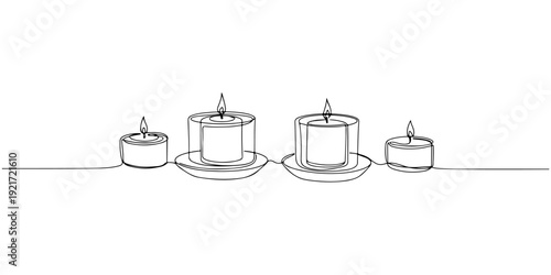 Continuous one line drawing of aromatherapy candle in a container, depicting relaxation and atmosphere, line art style illustration.