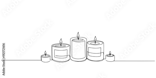 Continuous one line drawing of aromatherapy candle in a container, depicting relaxation and atmosphere, line art style illustration.