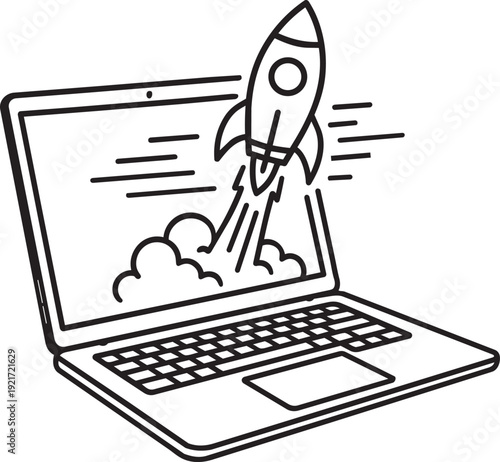 Laptop computer with a space rocket launching from the screen representing rapid online business startup and development