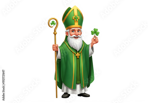 A cartoon illustration of saint patrick holding a shamrock and staff. isolated on transparent background, png