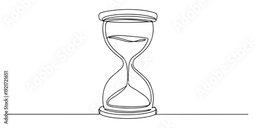 Continuous one line drawing of an hourglass with flowing sand, depicting the passage of time, line art style illustration.