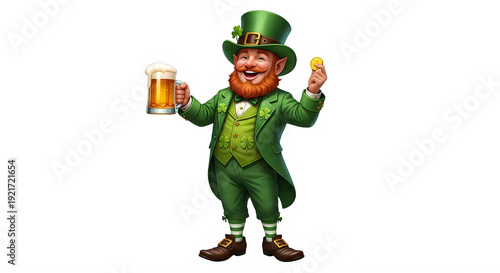 A cheerful leprechaun enjoying a beer and lemon St patrick's day on a white background. isolated on transparent background, png