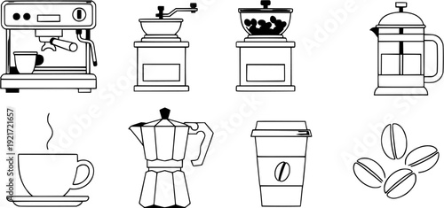 Coffee Brewing Equipment Set in Minimalist Black and White Flat Design