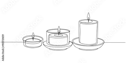 Continuous one line drawing of aromatherapy candle in a container, depicting relaxation and atmosphere, line art style illustration.