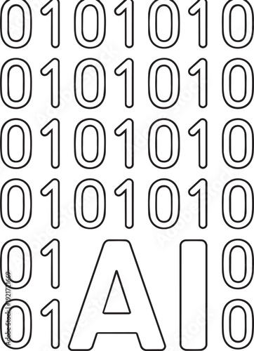 Abstract binary code numbers forming the letters AI representing complex digital programming matrix and artificial intelligence software
