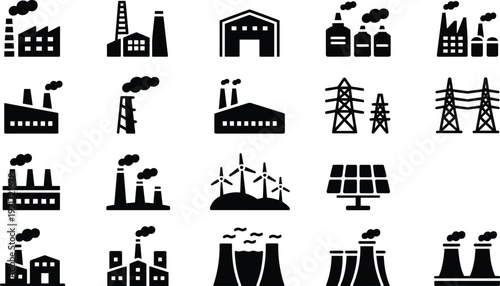 Industrial power and energy icon set, bold factory and plant silhouettes, vector cooling towers, wind turbines, solar panels, transmission pylons, utility and manufacturing symbols