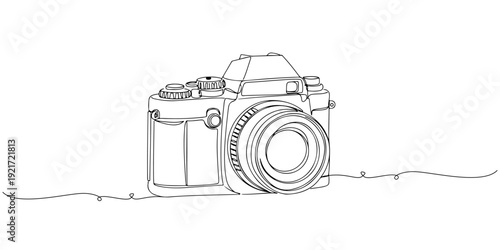 Continuous one line drawing of a vintage film camera, depicting nostalgia and photography, line art style illustration.