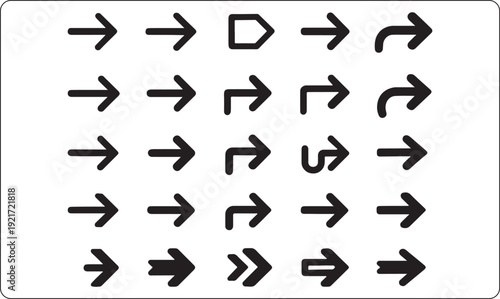 Bold heavy stroke double curved arrow icons set, bold arrow symbol pack, thick black outline arrow collection, white background vector bold arrow design web print advertising project