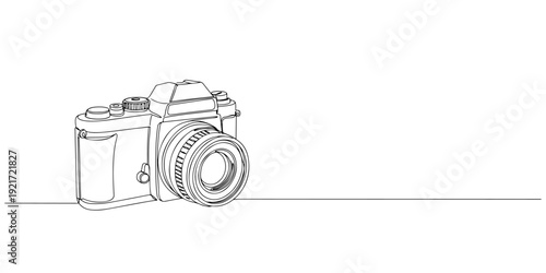 Continuous one line drawing of a vintage film camera, depicting nostalgia and photography, line art style illustration.