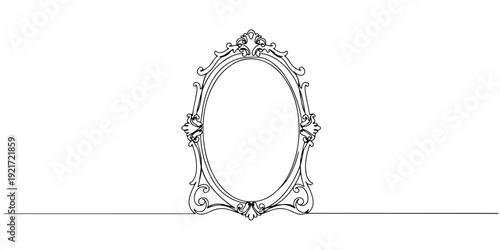 Continuous single line drawing of a mirror with an ornate frame, depicting reflection and introspection, line art style illustration.