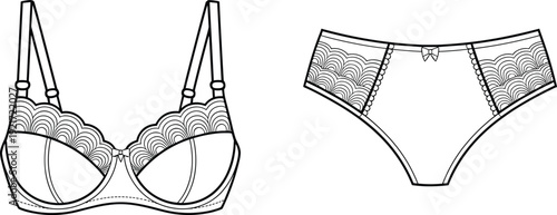Lace lingerie set line art vector illustration, women bra and panties front view elegant underwear outline design isolated