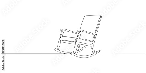 Continuous one line drawing of a rocking chair with curved base, depicting comfort and relaxation, line art style illustration.