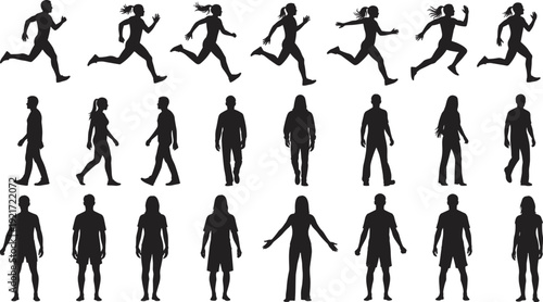 Collection of people silhouettes with men and women running walking and standing for fitness health active lifestyle and community projects