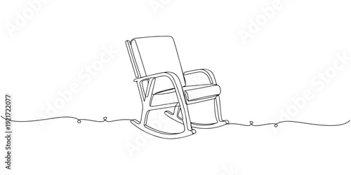 Continuous one line drawing of a rocking chair with curved base, depicting comfort and relaxation, line art style illustration.