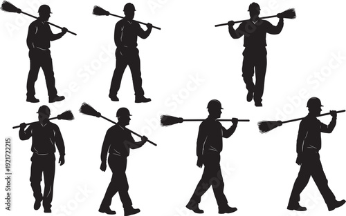 Set of construction worker silhouettes and industrial avatars featuring men in hard hats, overalls, and cleaners carrying brooms for work.