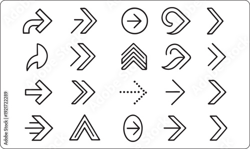Abstract geometric curved diagonal arrow icons set, abstract arrow symbol pack, minimal black outline arrow design, white background vector arrow theme for professional web print branding use