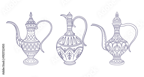 Ornate arabtan pitchers collection. Set of arabian vintage jugs.