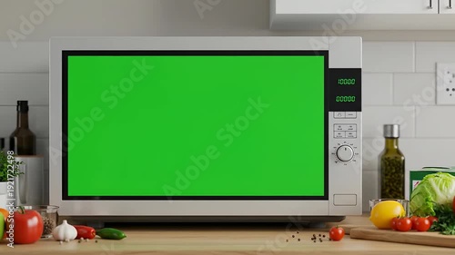 Modern Microwave Oven with Green Screen Display in Kitchen