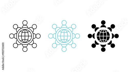 Three distinct global network icons show connected people around the earth