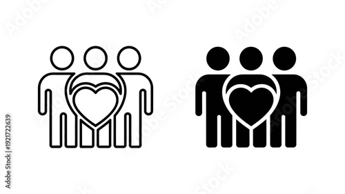 A group of three minimalist person icons with a heart symbol signifying community and love.