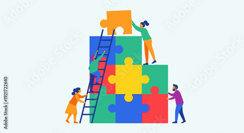 Diverse Business Team Collaborating to Build Large Puzzle Together in Bright Studio