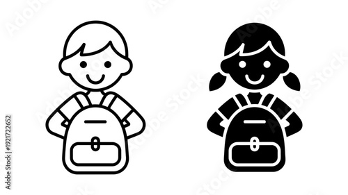 A pair of charming icons showing a boy and a girl wearing backpacks, ready for school adventures.