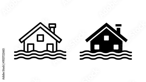 An iconic representation of a house partially submerged in water, symbolizing flood disaster and risk.