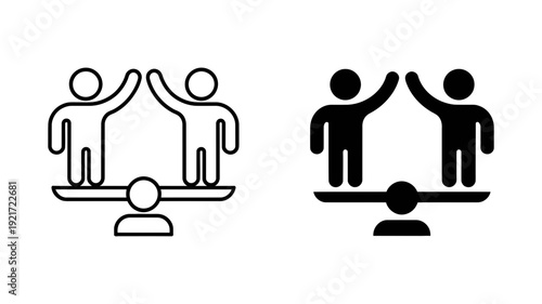 Two straightforward icons depict people on a balanced scale with a rounded pivot, representing equality.