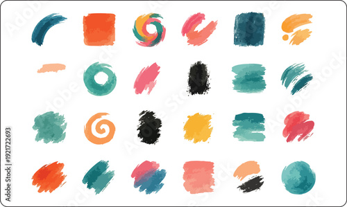 Abstract watercolor colorful brush strokes, expressive ink painted texture set, bold rough soft artistic grunge strokes, colorful creative brush elements, isolated design resource for branding