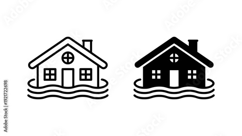 A stark icon of a house partially submerged by floodwaters, featuring window details for emphasis.