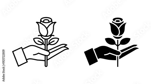 A hand gently holding a single rose with stem and leaves, depicted in both outline and solid black icon styles.