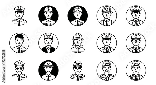Diverse Professional Occupations Avatar Line Icons Set, People in Various Careers on White Background