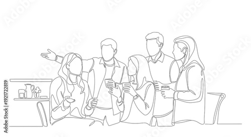 Continuous Line Drawing of a Group of Diverse Young Adults Socializing and Chatting Happily in a Bright Studio Setting