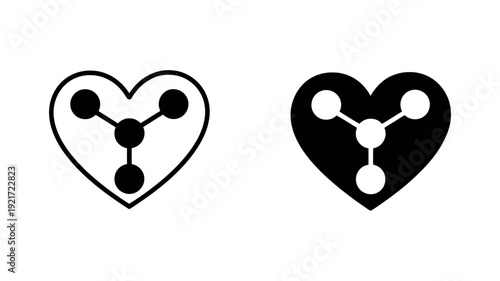 A heart symbol encompassing a three-point molecular or networking structure, shown in both outline and solid variations.