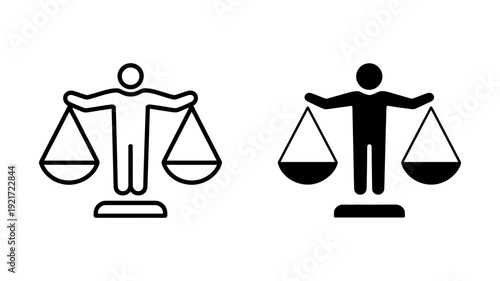 A stylized person balancing scales with outstretched arms, depicted as both an outline and solid black icon.