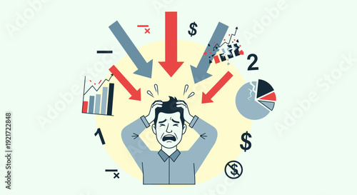 Stressed businessman holding his head amidst falling arrows, money symbols, and charts, depicting financial crisis, economic downturn, and business panic, in bright studio.