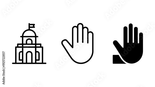 Separate icons featuring a building with a flag, an outline hand, and a solid black hand, symbolizing authority and interaction.