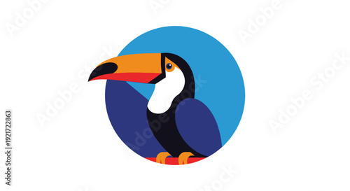 Colorful toucan bird with a distinctive large beak, simply illustrated within a blue circle on isolated white background, symbolizing nature and wildlife.