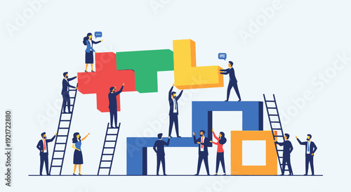Diverse group of people collaboratively building a large colorful structure from geometric blocks using ladders, symbolizing teamwork, construction, and achieving progress, in bright studio.