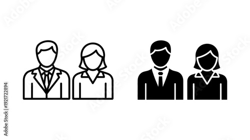 Icons of a man and a woman dressed in business professional attire, side by side in both outline and solid forms.