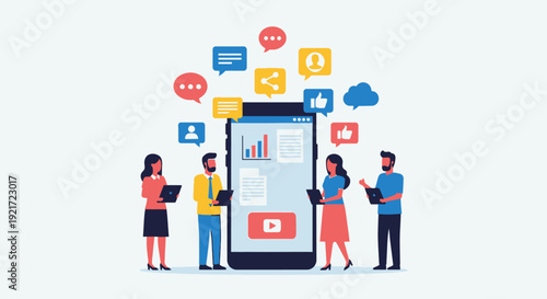 Diverse People Interacting with Social Media Marketing and Digital Business Strategy on a Large Smartphone in a Bright Studio